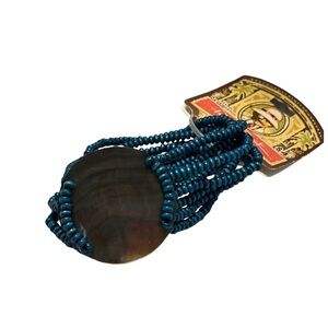 8 Strand Blue Beaded Stretch Bracelet with Large Shell Center